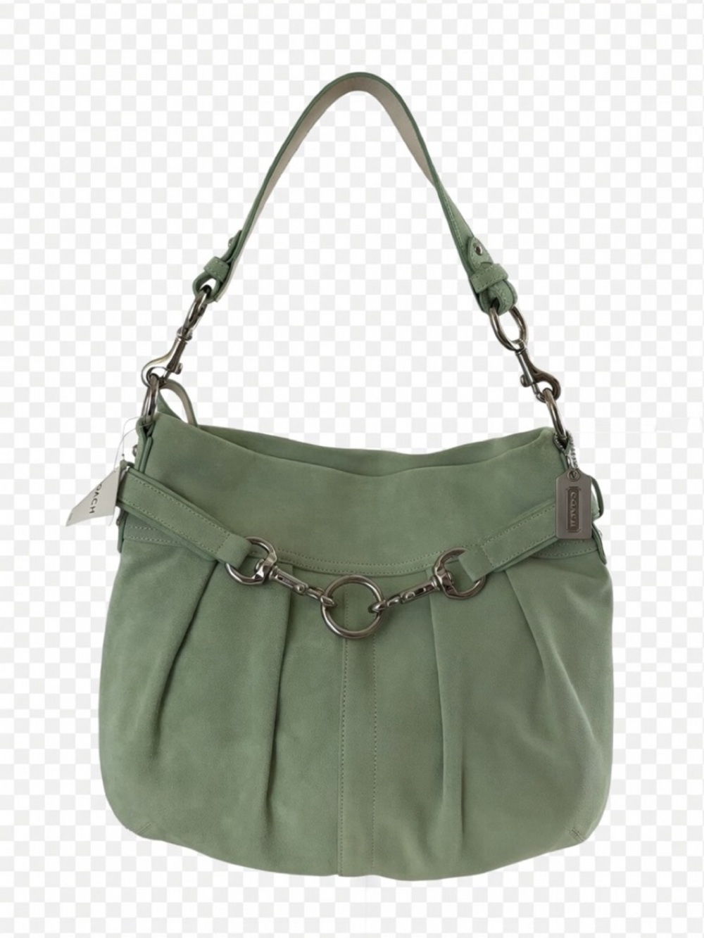 Rare Coach Mint Green Suede Peyton Shoulder Bag with Silver Hardware.